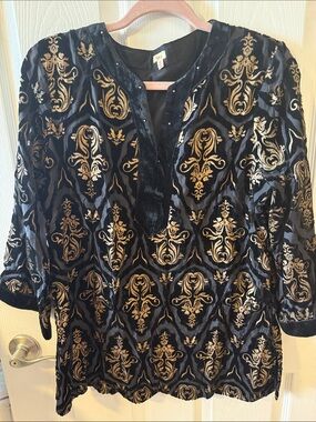 Reba Black and Gold Velvet Tunic with Ornate Damask